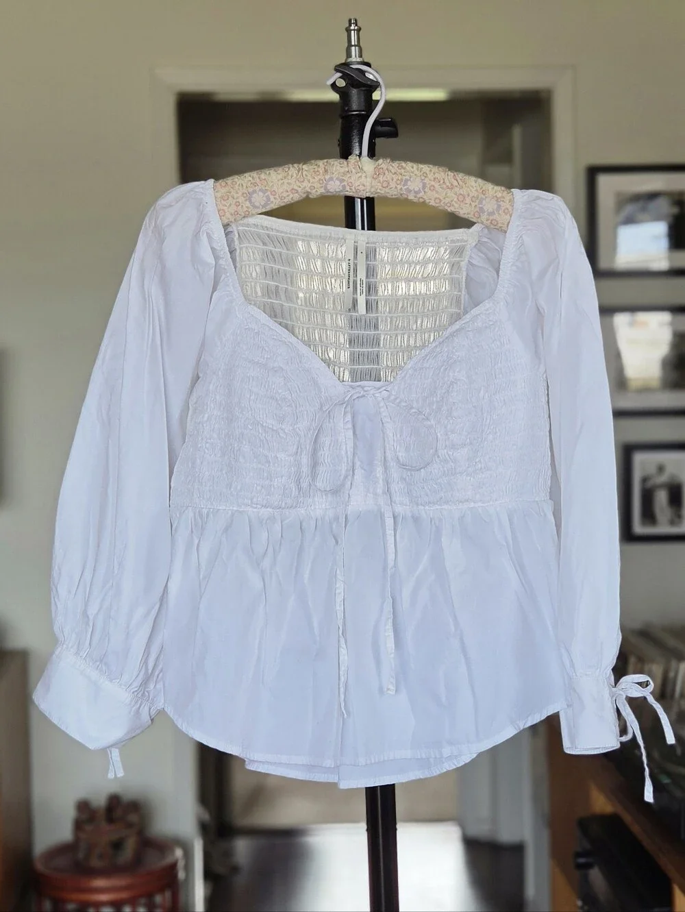 Anthropologie White Smocked Sweetheart Blouse Peasant Top